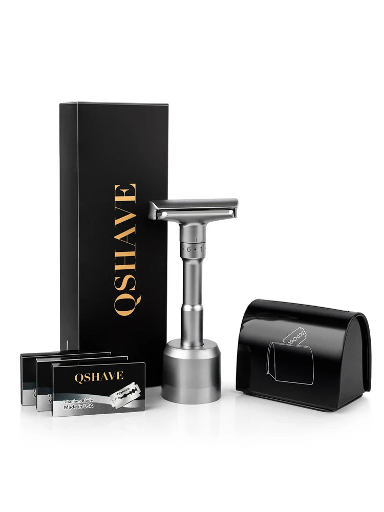 QSHAVE Adjustable Safety Razor kit  Men's Shaving kit Holder + Razor + Blade Disposal Case +15 Blades set