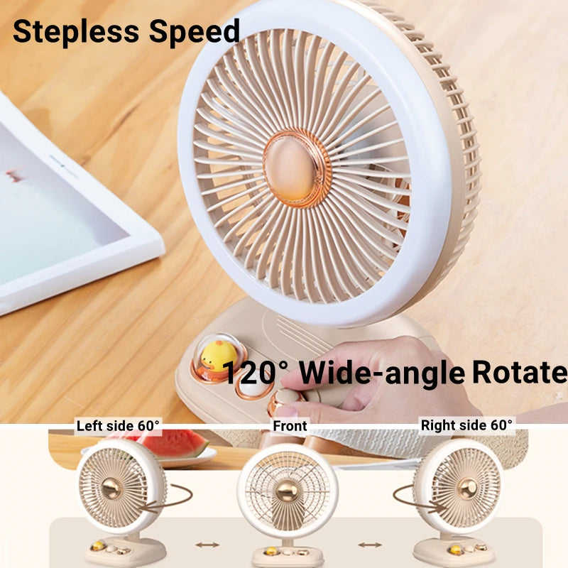 Portable Desk Fan Table Fan Stepless Speeds USB Fan With Built-in 4000mAh Rechargeable Battery And 3 Brigtness Night Light