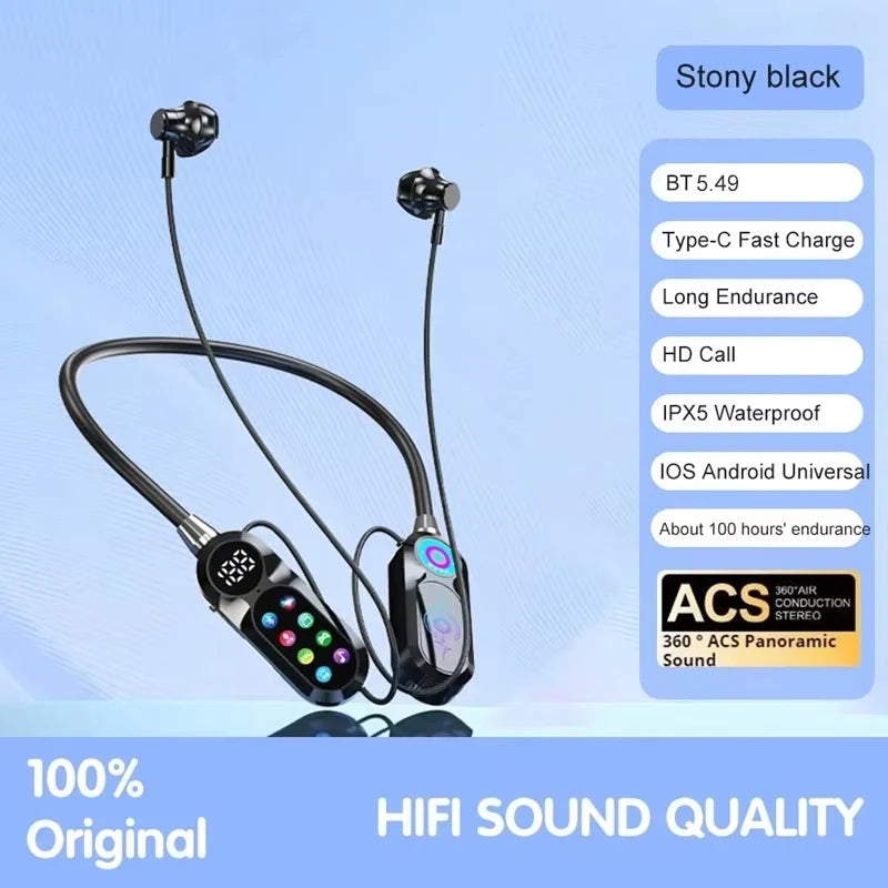 Wireless Neckband Earphones HD Screen Bluetooth 5.5 Headphones HiFi Stereo Waterproof Sports Earbuds Support TF Card