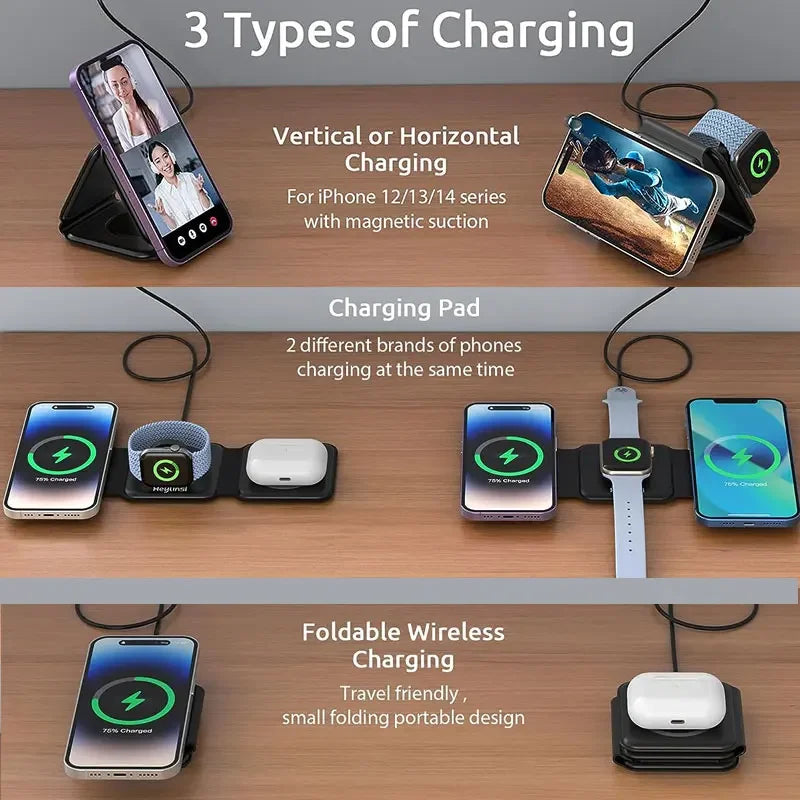 3 in 1 Wireless Charging Station for Apple MagSafe Charger, Foldable Magnetic Travel Charger for iPhone Apple Watch AirPods Pro
