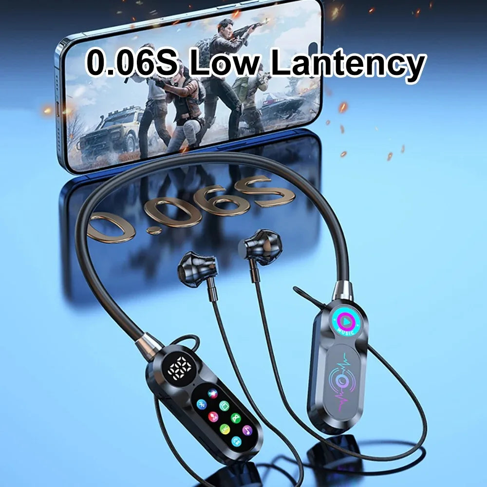 Wireless Neckband Earphones HD Screen Bluetooth 5.5 Headphones HiFi Stereo Waterproof Sports Earbuds Support TF Card