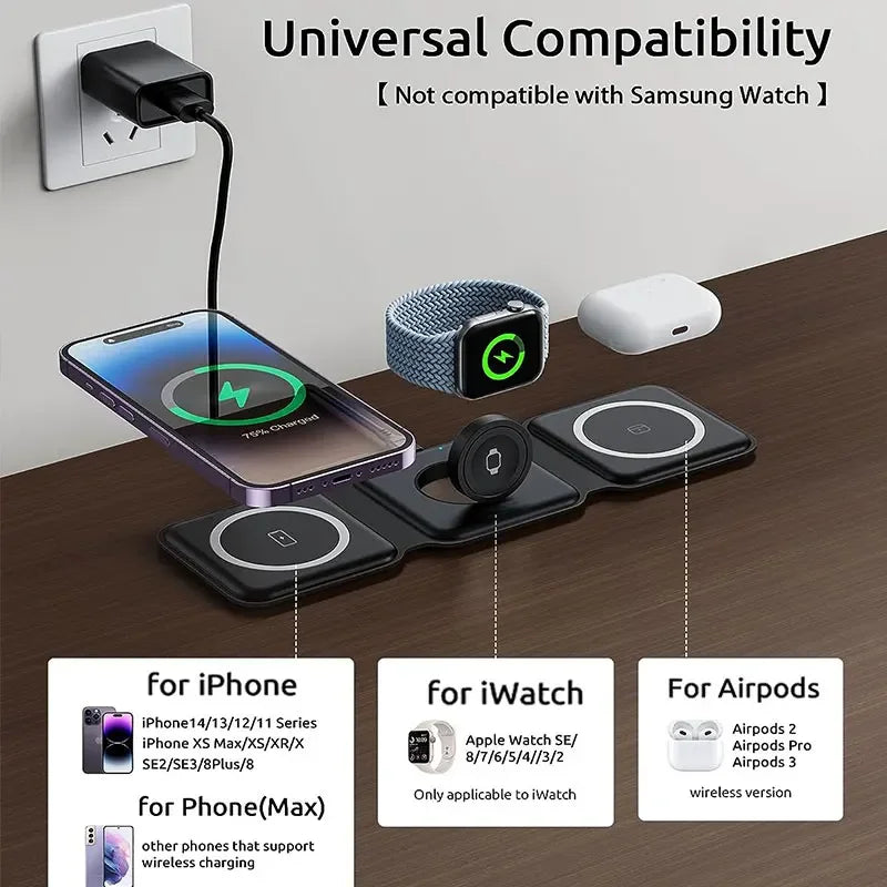 3 in 1 Wireless Charging Station for Apple MagSafe Charger, Foldable Magnetic Travel Charger for iPhone Apple Watch AirPods Pro