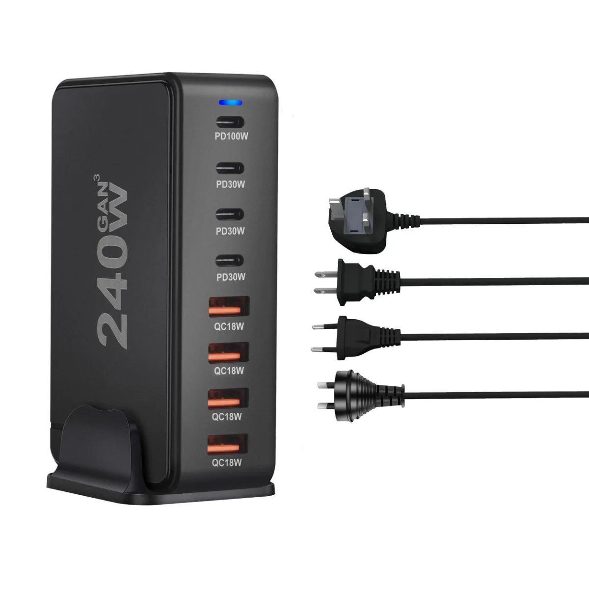 240W GaN Desktop Phone Charger with 8 USB-C Ports Supports PD 3.0 Fast Charging and Is Compact & Portable for Home Office Travel