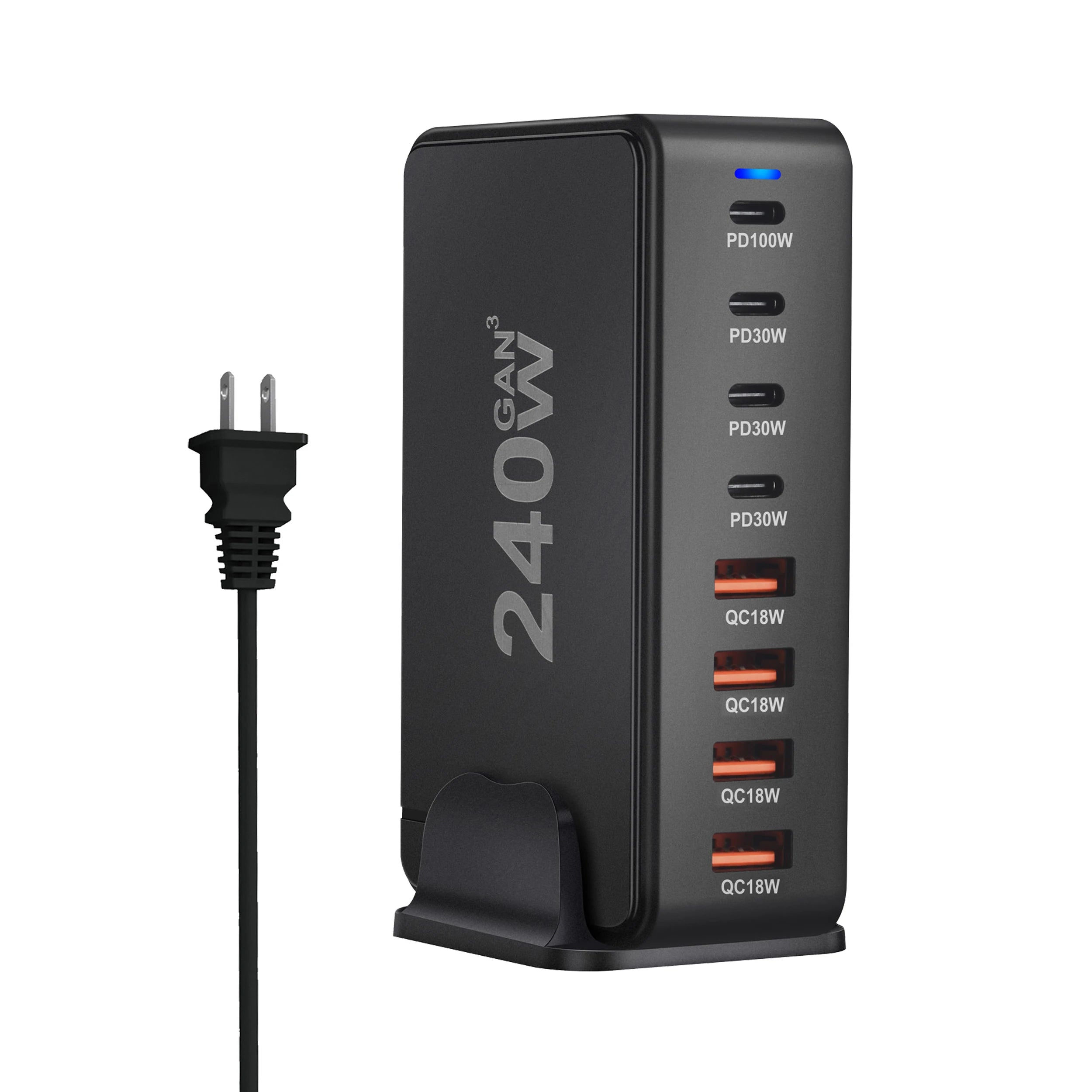 240W GaN Desktop Phone Charger with 8 USB-C Ports Supports PD 3.0 Fast Charging and Is Compact & Portable for Home Office Travel