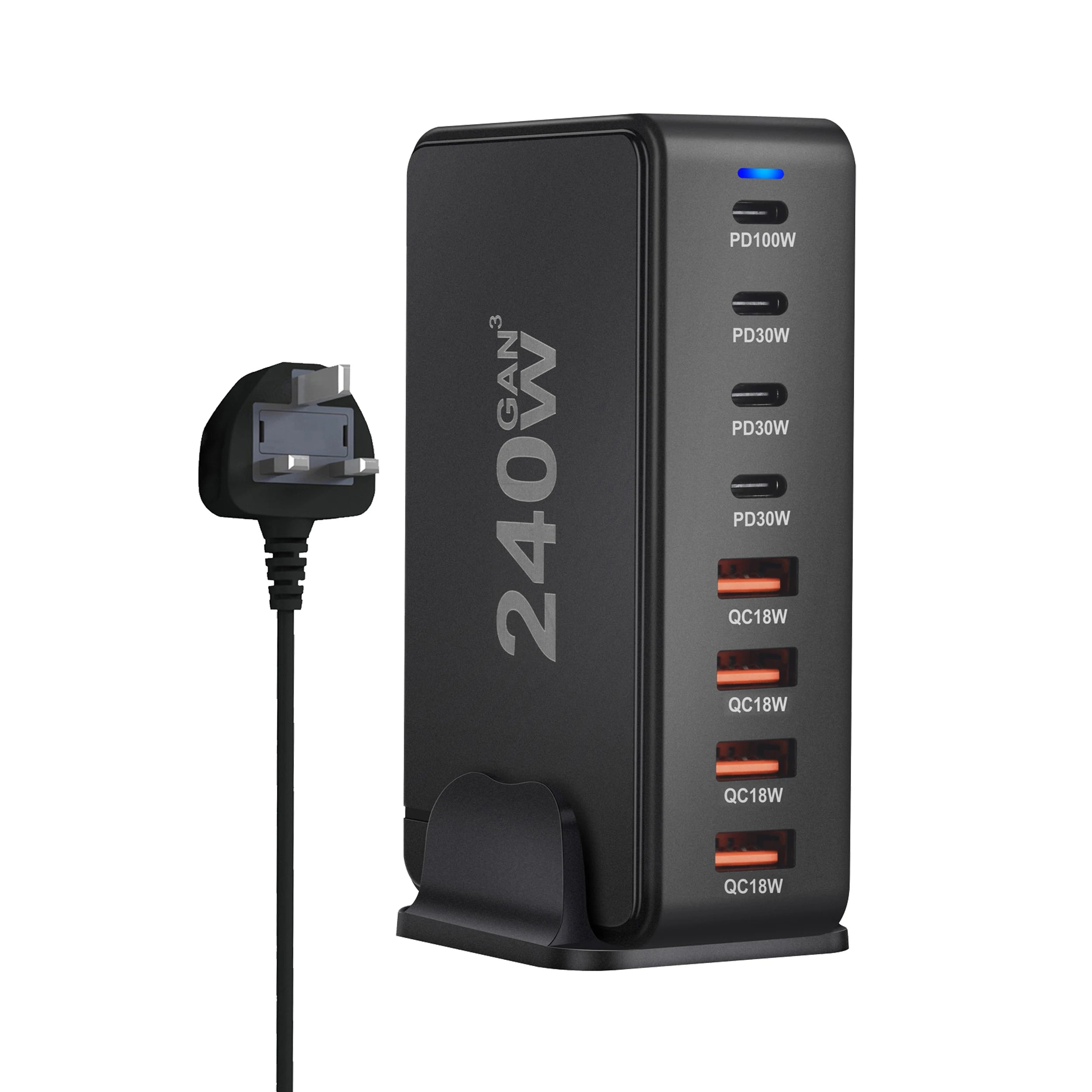 240W GaN Desktop Phone Charger with 8 USB-C Ports Supports PD 3.0 Fast Charging and Is Compact & Portable for Home Office Travel