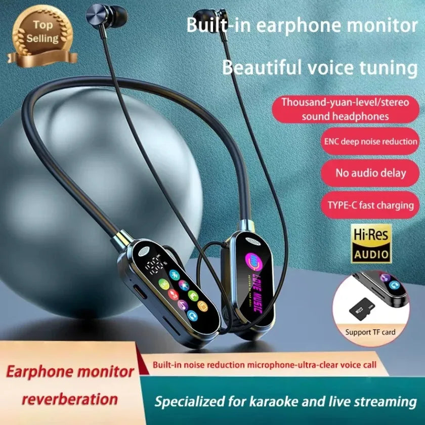Wireless Neckband Bluetooth Earbuds Ear Monitor Karaoke Live Headphones ENC Noise Reduction Long Lasting Battery TF Card