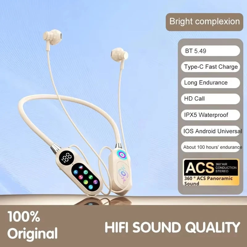 Wireless Neckband Earphones HD Screen Bluetooth 5.5 Headphones HiFi Stereo Waterproof Sports Earbuds Support TF Card