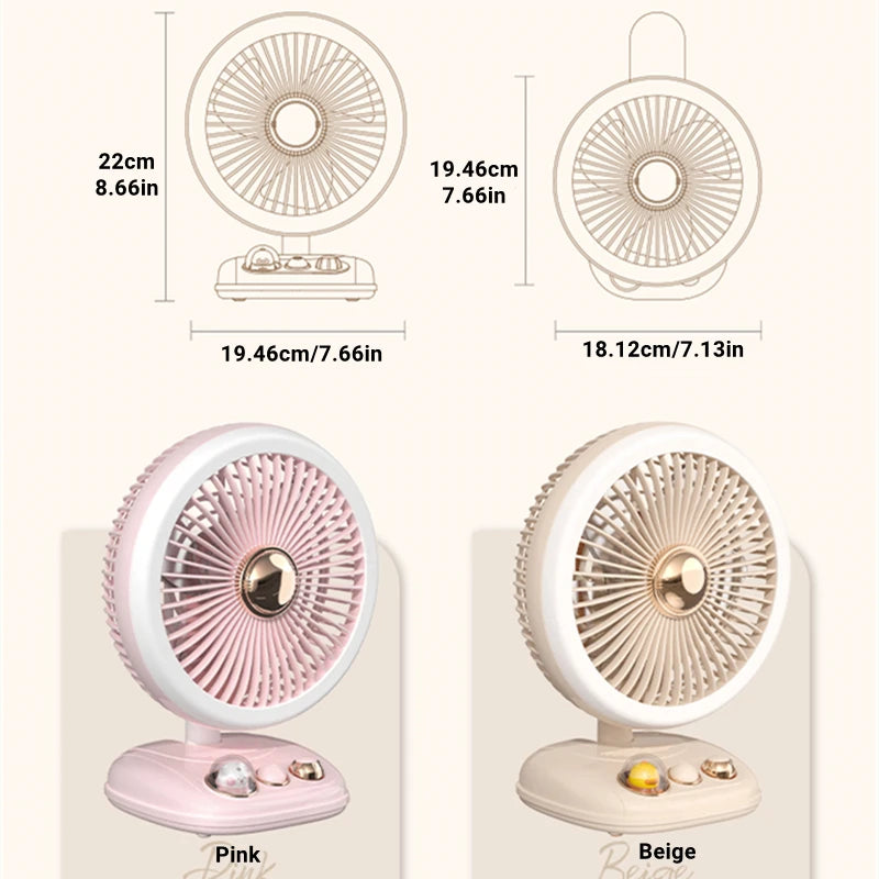Portable Desk Fan Table Fan Stepless Speeds USB Fan With Built-in 4000mAh Rechargeable Battery And 3 Brigtness Night Light