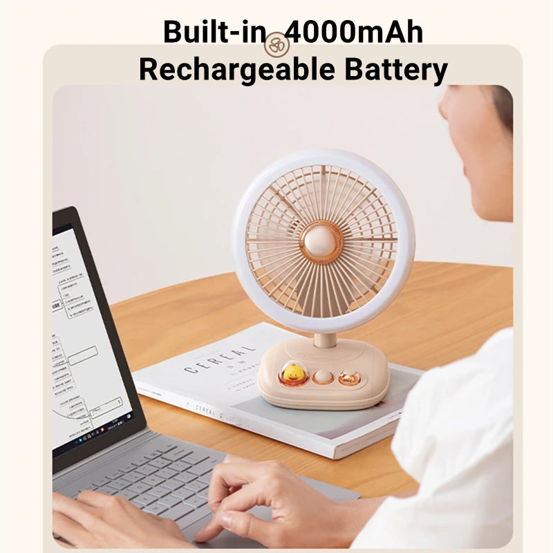 Portable Desk Fan Table Fan Stepless Speeds USB Fan With Built-in 4000mAh Rechargeable Battery And 3 Brigtness Night Light