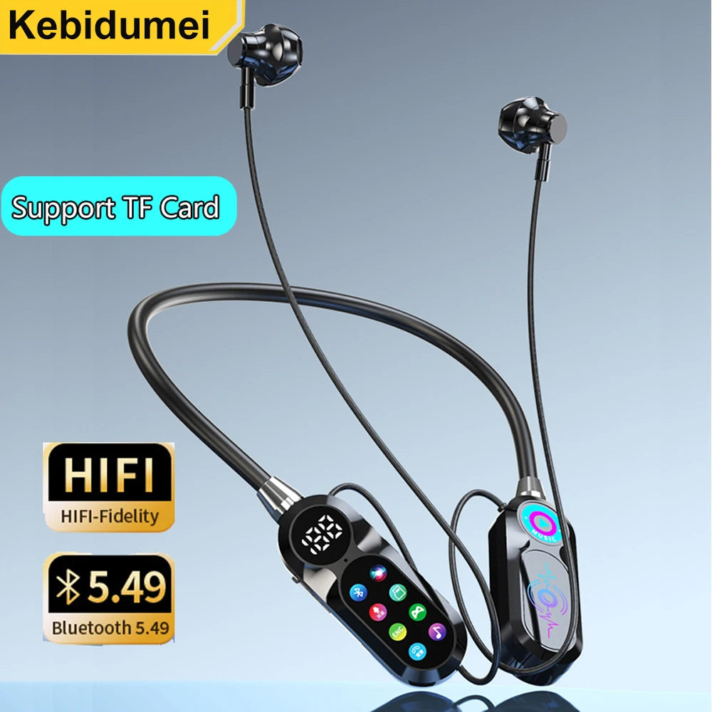 Wireless Neckband Earphones HD Screen Bluetooth 5.5 Headphones HiFi Stereo Waterproof Sports Earbuds Support TF Card